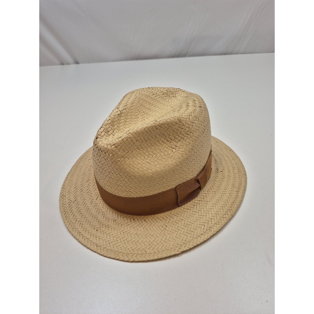 One Fresh Hat Fedora Hat Wide Brim Mens M Beige Straw Made USA Brown Band
